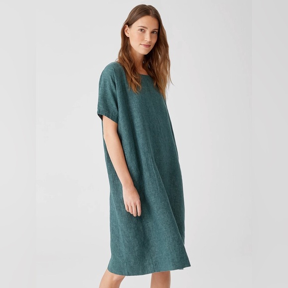Eileen Fisher Organic Linen Shift Dress Green Size L Short Sleeve - Picture 2 of 11